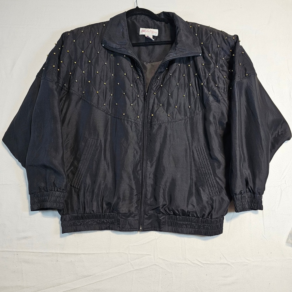 Vintage 100% Silk 80s‎ 90s Black Studded Quilted Track Jacket Full Zip Size L